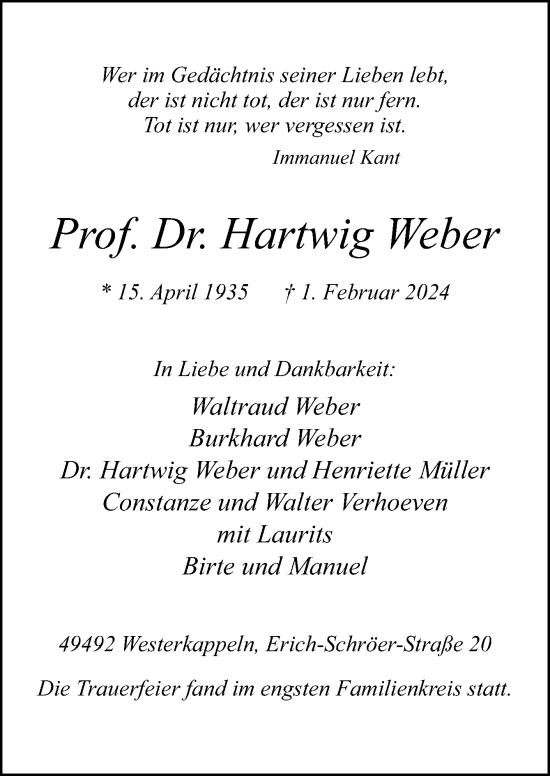 Traueranzeige von Hartwig Weber von Neue Osnabrücker Zeitung GmbH & Co. KG