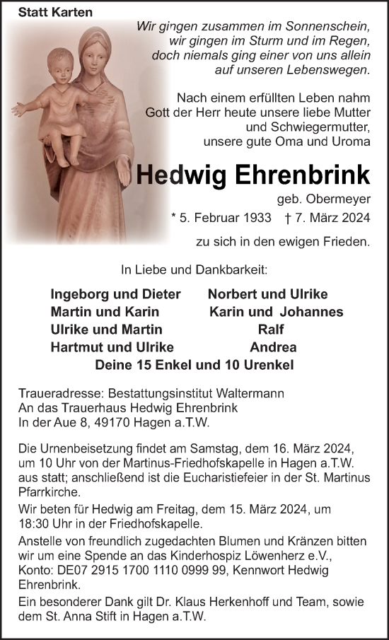 Traueranzeige von Hedwig Ehrenbrink von Neue Osnabrücker Zeitung GmbH & Co. KG