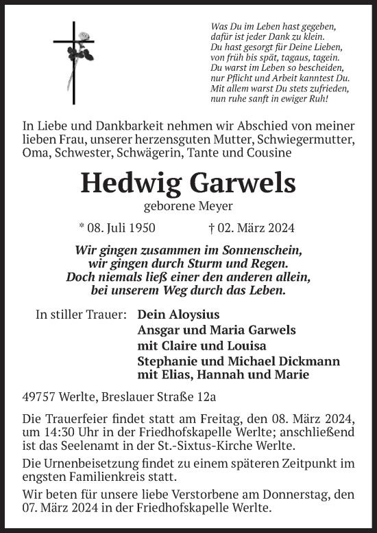 Traueranzeige von Hedwig Garwels von Neue Osnabrücker Zeitung GmbH & Co. KG