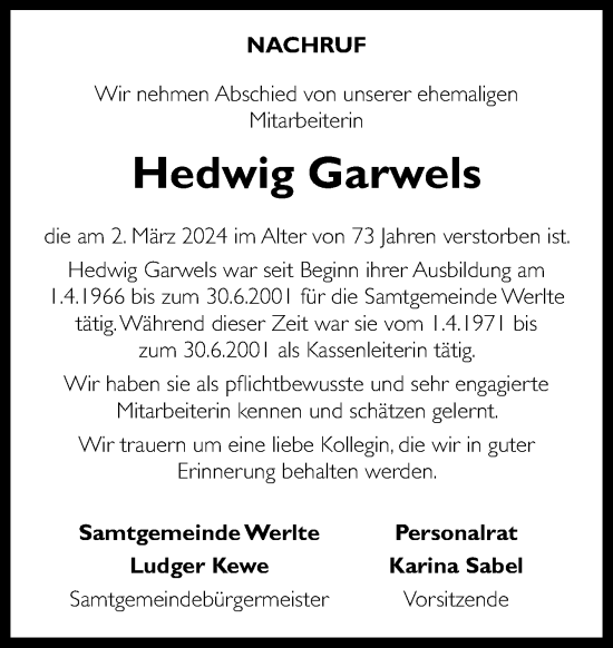 Traueranzeige von Hedwig Garwels von Neue Osnabrücker Zeitung GmbH & Co. KG