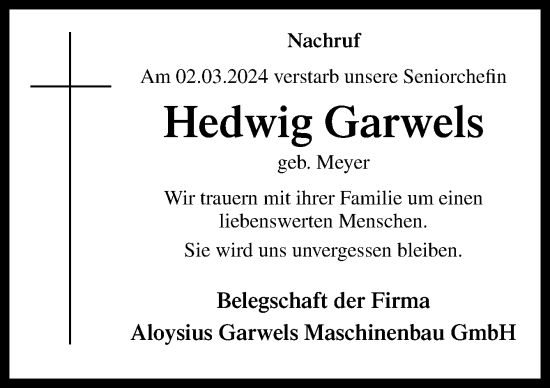 Traueranzeige von Hedwig Garwels von Neue Osnabrücker Zeitung GmbH & Co. KG