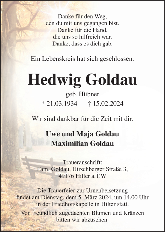 Traueranzeige von Hedwig Goldau von Neue Osnabrücker Zeitung GmbH & Co. KG