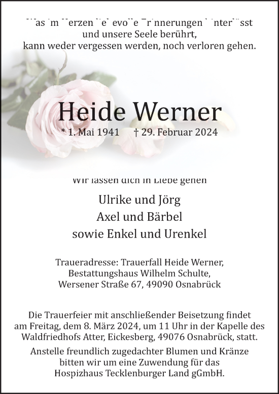 Traueranzeige von Heide Werner von Neue Osnabrücker Zeitung GmbH & Co. KG