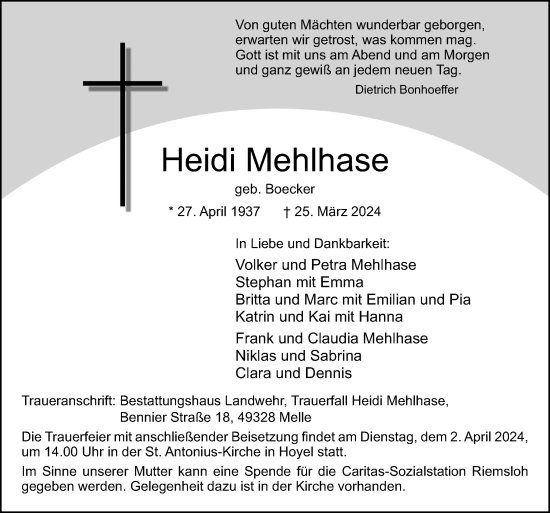 Traueranzeige von Heidi Mehlhase von Neue Osnabrücker Zeitung GmbH & Co. KG