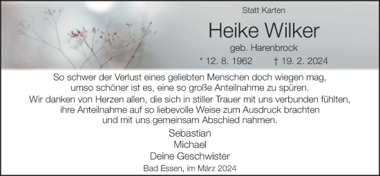 Traueranzeige von Heike Wilker von Neue Osnabrücker Zeitung GmbH & Co. KG