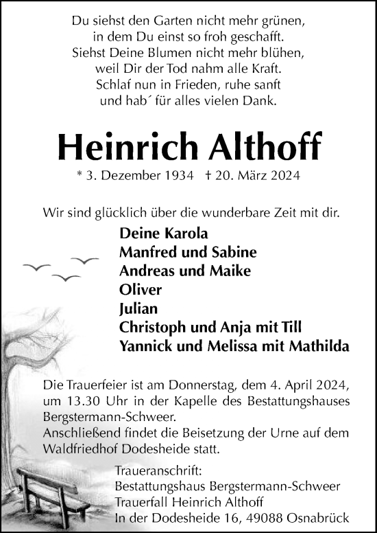 Traueranzeige von Heinrich Althoff von Neue Osnabrücker Zeitung GmbH & Co. KG