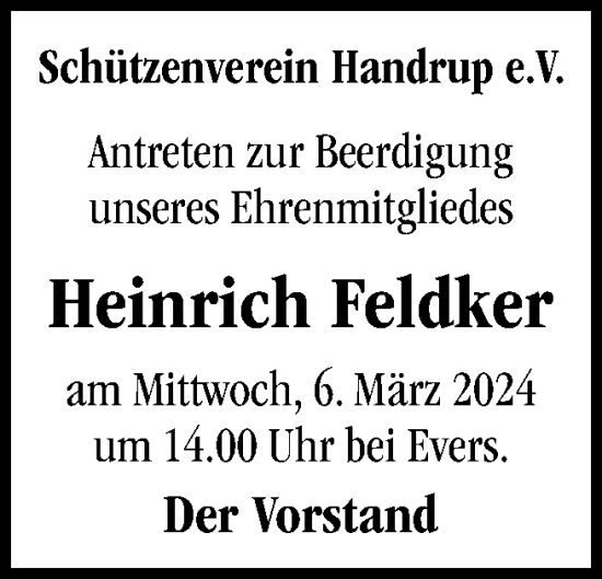 Traueranzeige von Heinrich Feldker von Neue Osnabrücker Zeitung GmbH & Co. KG