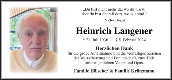 Traueranzeige von Heinrich Langener von Neue Osnabrücker Zeitung GmbH & Co. KG