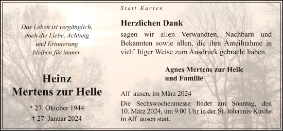 Traueranzeige von Heinz Mertens zur Helle von Neue Osnabrücker Zeitung GmbH & Co. KG