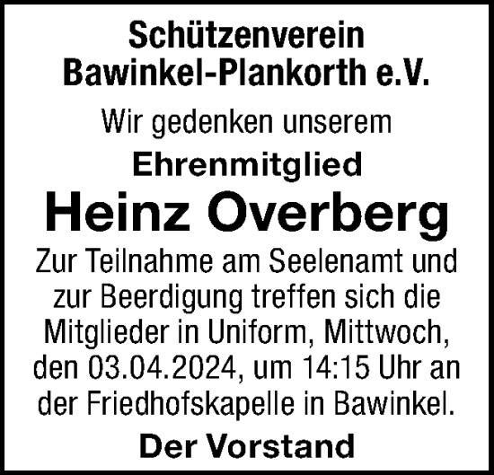 Traueranzeige von Heinz Overberg von Neue Osnabrücker Zeitung GmbH & Co. KG