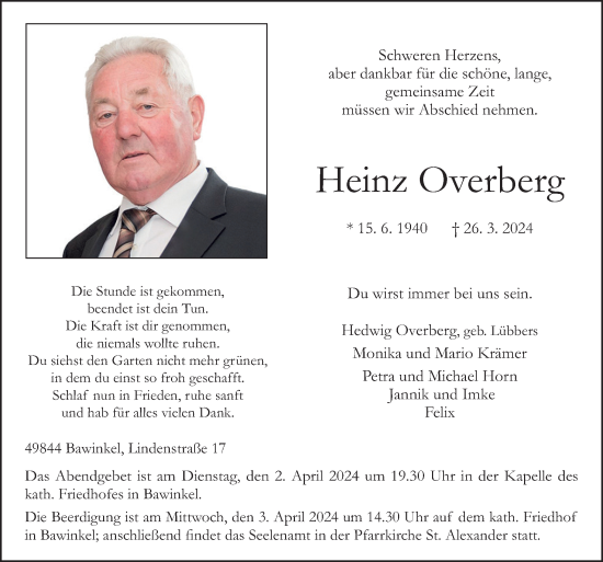 Traueranzeige von Heinz Overberg von Neue Osnabrücker Zeitung GmbH & Co. KG