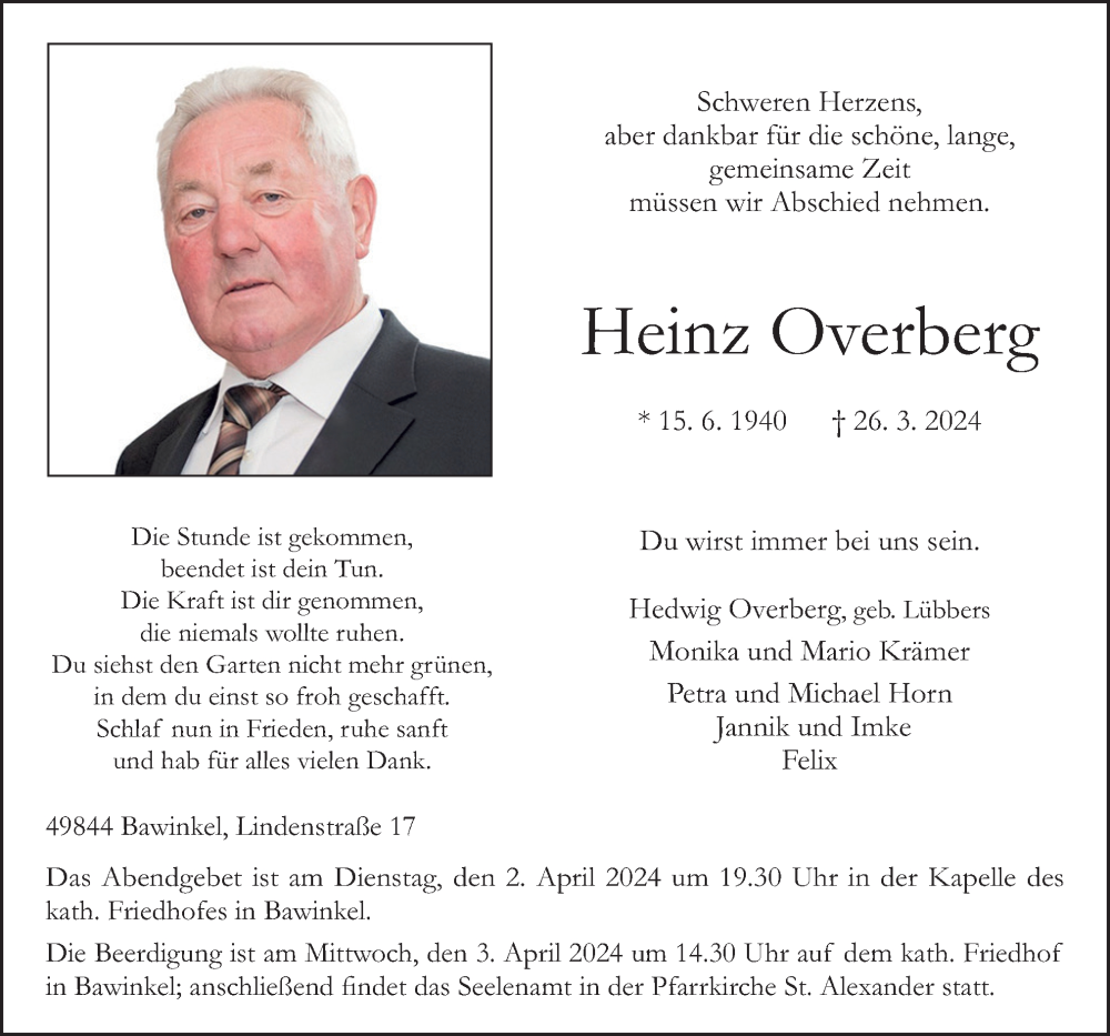  Traueranzeige für Heinz Overberg vom 30.03.2024 aus Neue Osnabrücker Zeitung GmbH & Co. KG