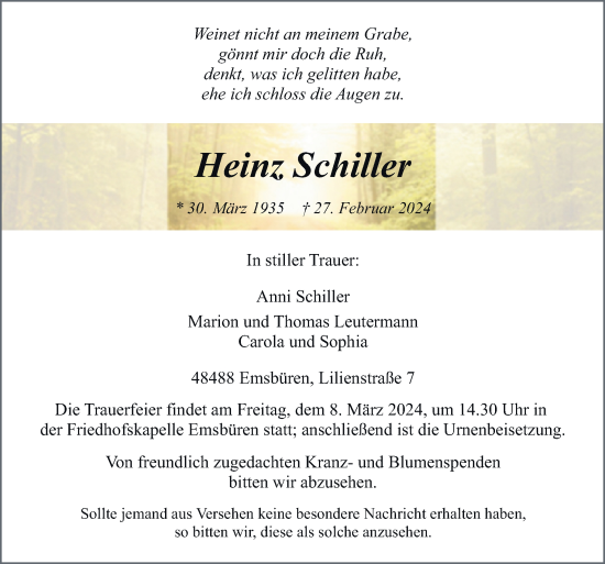 Traueranzeige von Heinz Schiller von Neue Osnabrücker Zeitung GmbH & Co. KG