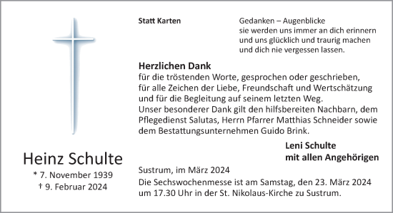 Traueranzeige von Heinz Schulte von Neue Osnabrücker Zeitung GmbH & Co. KG