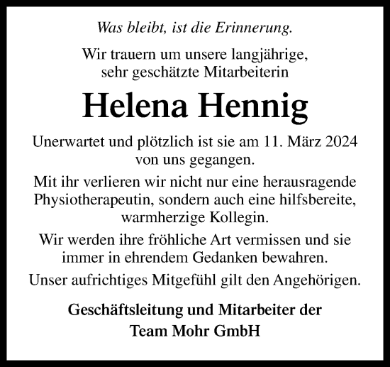 Traueranzeige von Helena Hennig von Neue Osnabrücker Zeitung GmbH & Co. KG