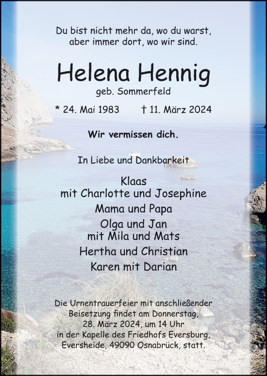 Traueranzeige von Helena Hennig von Neue Osnabrücker Zeitung GmbH & Co. KG