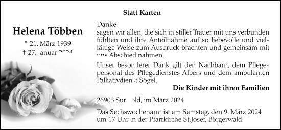 Traueranzeige von Helena Többen von Neue Osnabrücker Zeitung GmbH & Co. KG