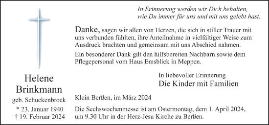 Traueranzeige von Helene Brinkmann von Neue Osnabrücker Zeitung GmbH & Co. KG