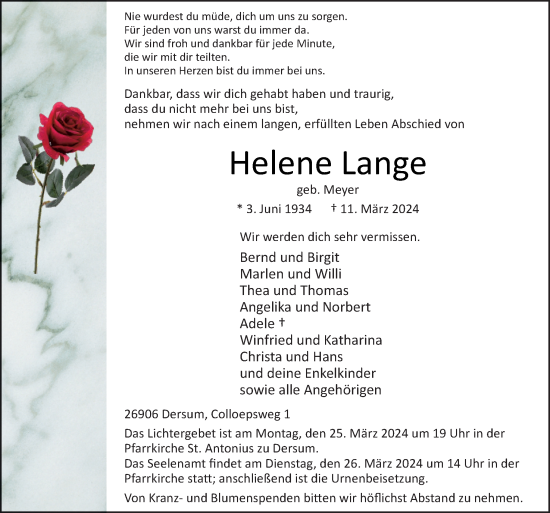 Traueranzeige von Helene Lange von Neue Osnabrücker Zeitung GmbH & Co. KG