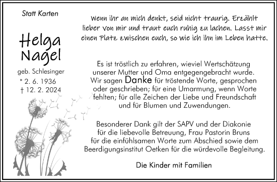 Traueranzeige von Helga Nagel von DK Medien GmbH & Co. KG