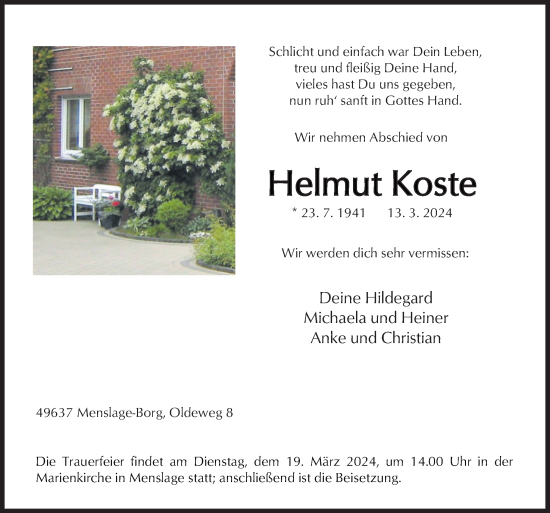 Traueranzeige von Helmut Koste von Neue Osnabrücker Zeitung GmbH & Co. KG