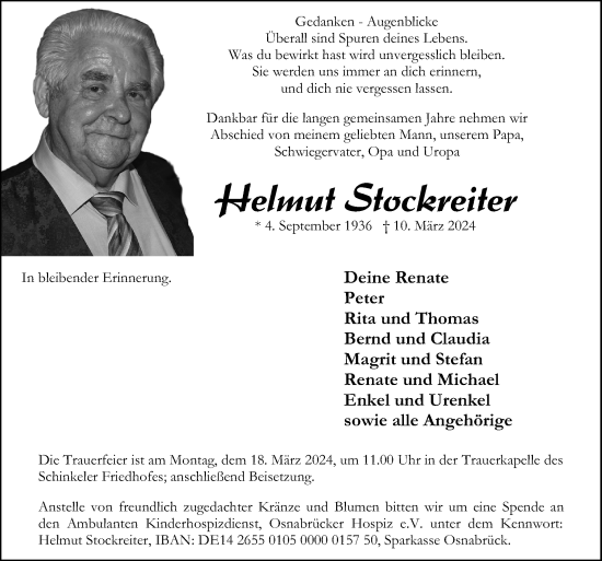 Traueranzeige von Helmut Stockreiter von Neue Osnabrücker Zeitung GmbH & Co. KG