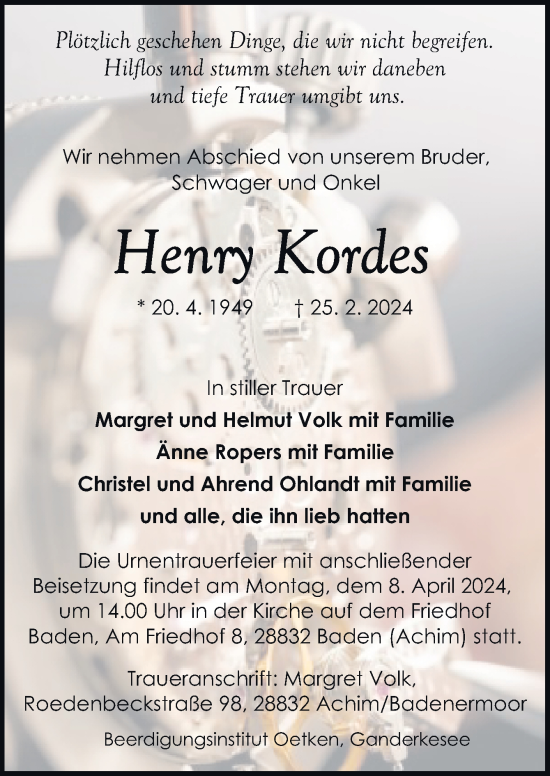 Traueranzeige von Henry Kordes von DK Medien GmbH & Co. KG