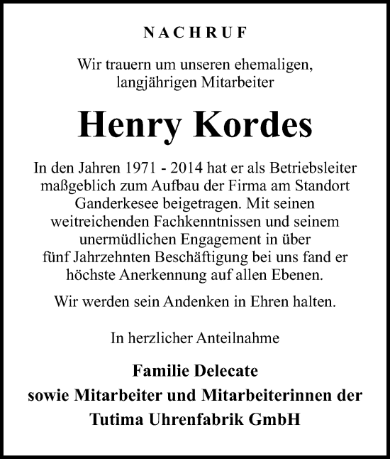 Traueranzeige von Henry Kordes von DK Medien GmbH & Co. KG
