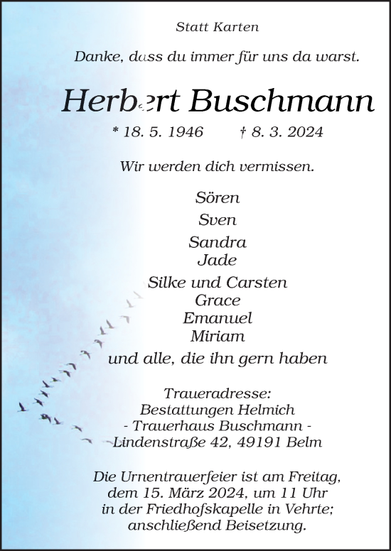 Traueranzeige von Herbert Buschmann von Neue Osnabrücker Zeitung GmbH & Co. KG