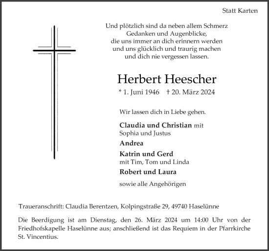 Traueranzeige von Herbert Heescher von Neue Osnabrücker Zeitung GmbH & Co. KG