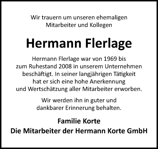 Traueranzeige von Hermann Flerlage von Neue Osnabrücker Zeitung GmbH & Co. KG