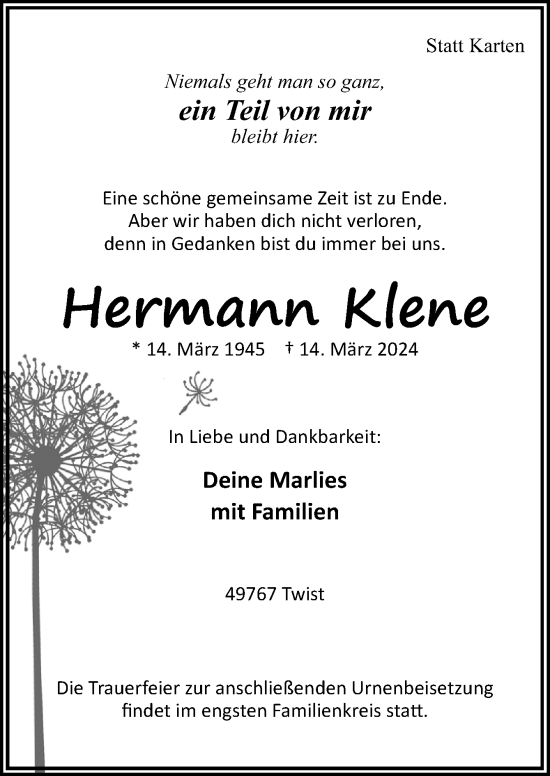 Traueranzeige von Hermann Klene von Neue Osnabrücker Zeitung GmbH & Co. KG