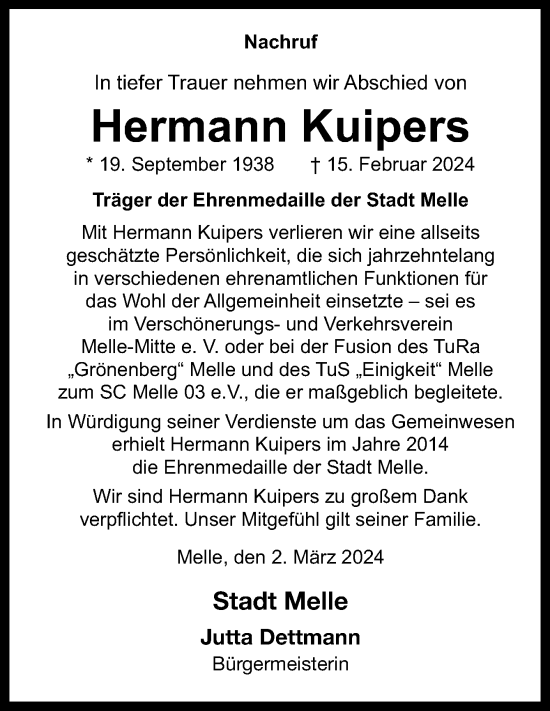 Traueranzeige von Hermann Kuipers von Neue Osnabrücker Zeitung GmbH & Co. KG