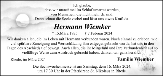 Traueranzeige von Hermann Wiemker von Neue Osnabrücker Zeitung GmbH & Co. KG