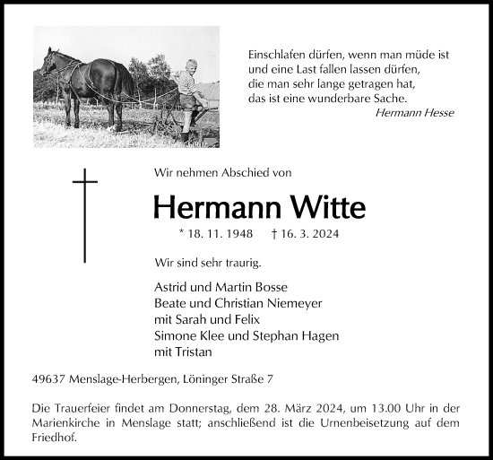 Traueranzeige von Hermann Witte von Neue Osnabrücker Zeitung GmbH & Co. KG