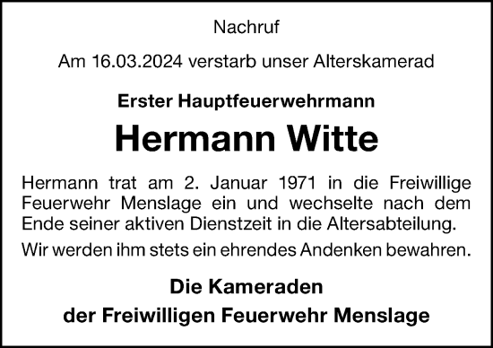 Traueranzeige von Hermann Witte von Neue Osnabrücker Zeitung GmbH & Co. KG