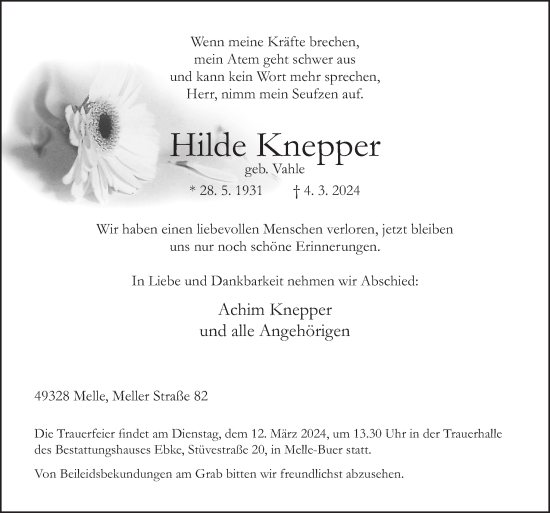 Traueranzeige von Hilde Knepper von Neue Osnabrücker Zeitung GmbH & Co. KG