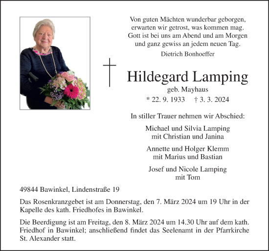 Traueranzeige von Hildegard Lamping von Neue Osnabrücker Zeitung GmbH & Co. KG