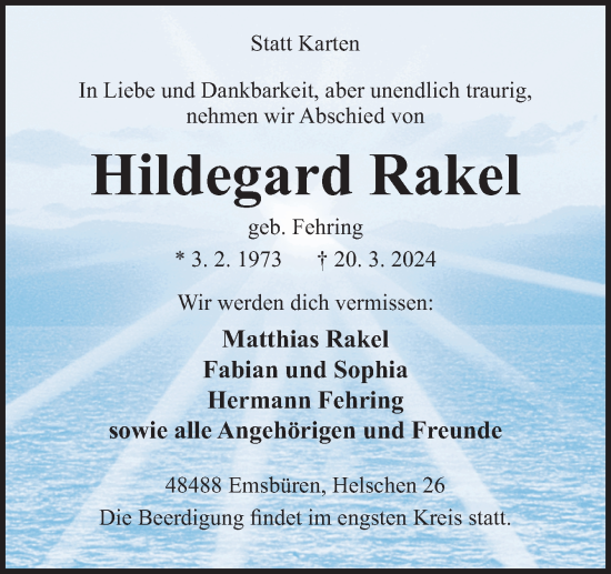 Traueranzeige von Hildegard Rakel von Neue Osnabrücker Zeitung GmbH & Co. KG