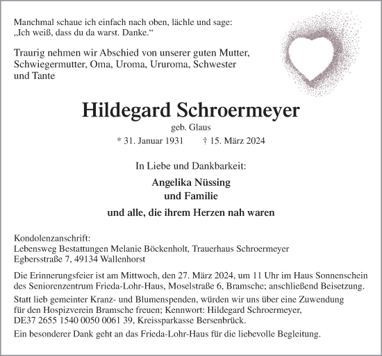 Traueranzeige von Hildegard Schroermeyer von Neue Osnabrücker Zeitung GmbH & Co. KG