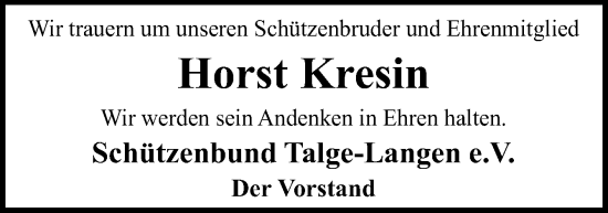 Traueranzeige von Horst Kresin von Neue Osnabrücker Zeitung GmbH & Co. KG