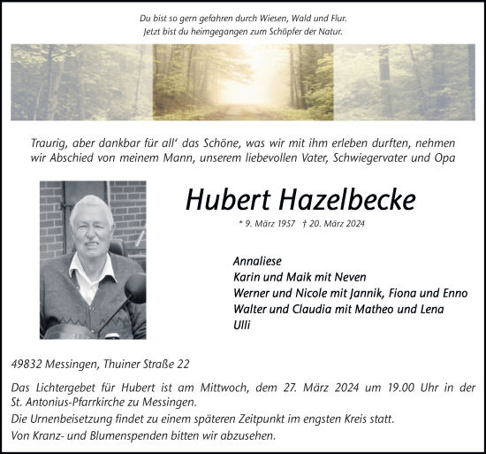 Traueranzeige von Hubert Hazelbecke von Neue Osnabrücker Zeitung GmbH & Co. KG