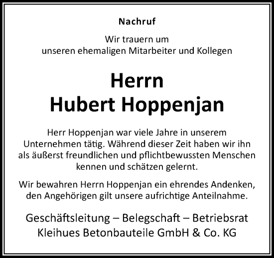 Traueranzeige von Hubert Hoppenjan von Neue Osnabrücker Zeitung GmbH & Co. KG