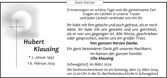 Traueranzeige von Hubert Klausing von Neue Osnabrücker Zeitung GmbH & Co. KG