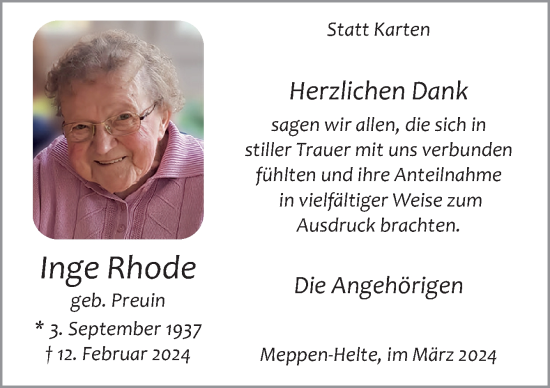 Traueranzeige von Inge Rhode von Neue Osnabrücker Zeitung GmbH & Co. KG