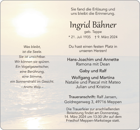 Traueranzeige von Ingrid Bähner von Neue Osnabrücker Zeitung GmbH & Co. KG