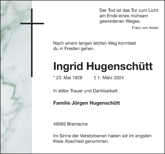 Traueranzeige von Ingrid Hugenschütt von Neue Osnabrücker Zeitung GmbH & Co. KG