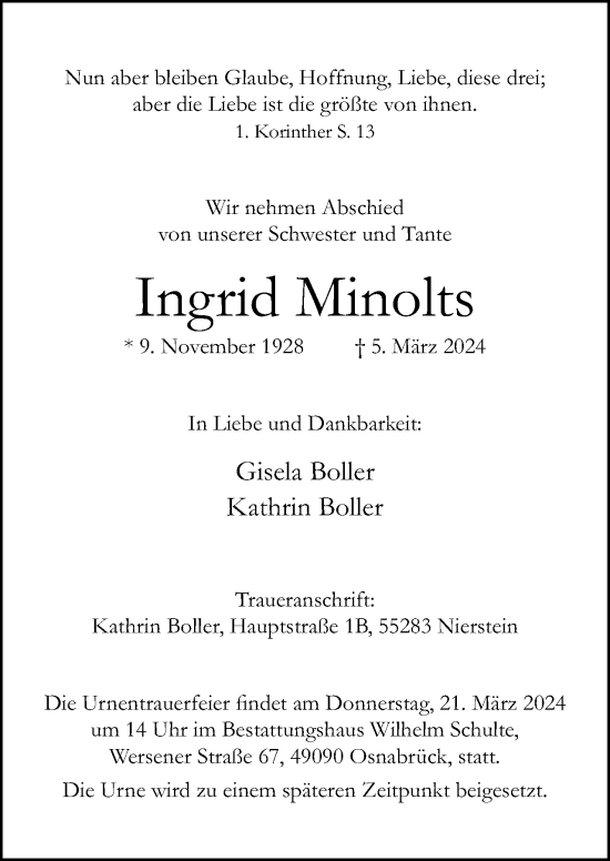 Traueranzeige von Ingrid Minolts von Neue Osnabrücker Zeitung GmbH & Co. KG