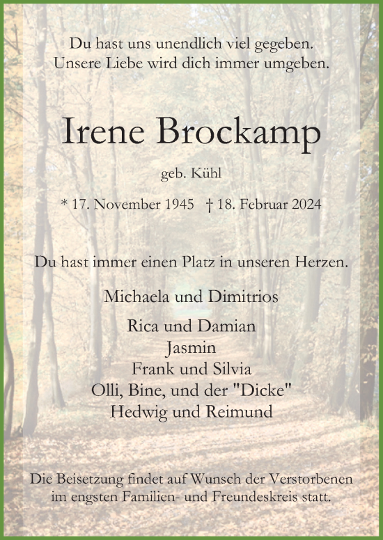 Traueranzeige von Irene Brockamp von Neue Osnabrücker Zeitung GmbH & Co. KG