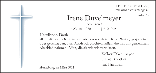 Traueranzeige von Irene Düvelmeyer von Neue Osnabrücker Zeitung GmbH & Co. KG